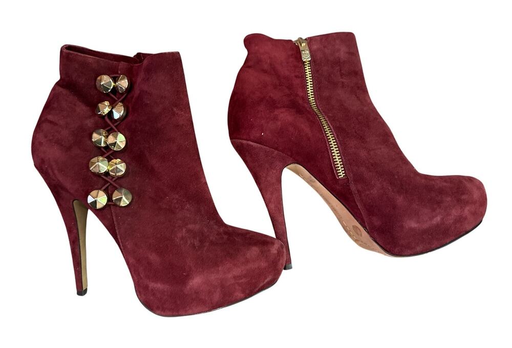 Vince Camuto Jardine Booties 7.5 Burgundy Ruby Suede Stiletto Studded Platform